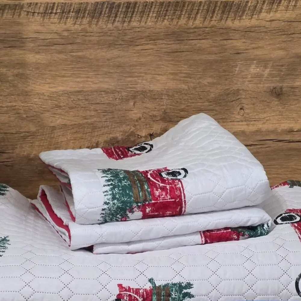 Modern Southern Home Christmas Red truck Tree Quilted Comforter 2 shams